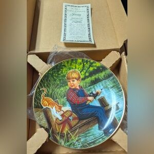 Jeremy 8 1/2 Decorative Plate with Boy and Cat - Green and Red